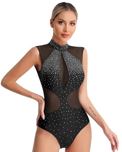Sywiyi Damen Ballett Trikot Ärmellos Ballettbody Gymnastikanzug Leotard mit Stehkragen Turnanzug Rückenfrei Ballettkleidung Schwarz L