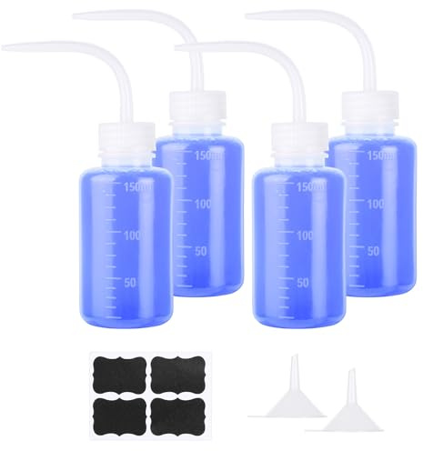 Furuising 4 Stück Spritzflasche 150ml, Kunststoff Laborflasche Waschflasche, Transpartent Squeeze Waschen Flasche mit Schmalem Mund, mit 2 Trichter und 4 Aufkleber für Labor, Tattoo, Pflanzen
