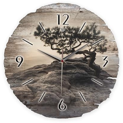 Kreative Feder Runde Wanduhr „Einsamer Baum“ aus Naturholz mit flüsterleisem Uhrwerk; Durchmesser 30cm (Einsamer Baum, leises Funkuhrwerk)