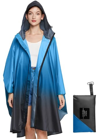 LAMA Mode Regenponcho Unisex Regenmantel Atmungsaktiv Regencape Leicht Regenjacke Regenschutzbekleidung Raincoat als Picknickdecke Sonnensegel für Fahrrad Wandern Camping Reisen, Farbverlauf Blau