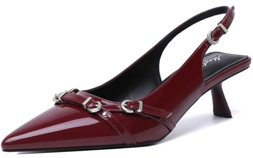 Mostrin Kitten Heels for Women Pointed Toe Pumps Patent Leather Low Heel Slingback Heels with Buckle Dress Shoes for Dating Party Working, Red, 6 UK