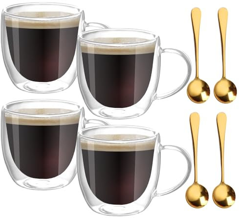 BORDEAG Juego de 4 vasos para café con latte macchiato, tazas de café de doble pared con asa, vasos de café con 4 cucharas, tazas de café para capuchino, café con leche, té, leche y cerveza, 250 ml
