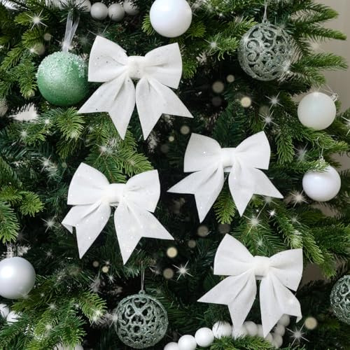 Melody Maison Set of 4 White Glitter Christmas Bows