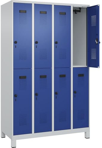 C + P Möbelsysteme C+P | Doppelstock-Spind Evolo Plus | 4 Abteile | lichtgrau/enzianblau | B 1200 mm | mit Breiten Füßen | Drehriegel
