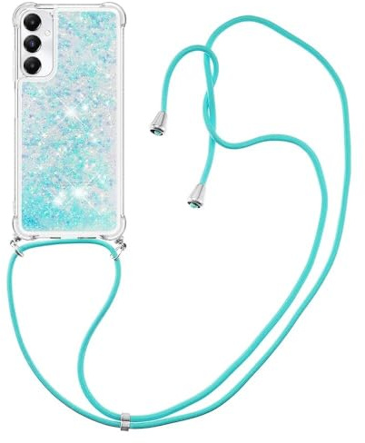 Bnvdfre Handykette für Samsung Galaxy A16 5G/4G Hülle mit Band, Handyhülle Silikon Durchsichtig Transparent Floating Flüssig Glitzer mit Kordel Umhängenband TPU Schutzhülle Case - Silver Blue Star