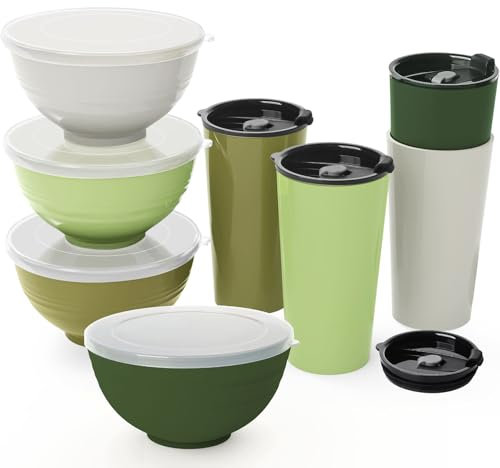 Greentainer Unbreakable Large Cereal Bowl & Cup Set with Lids, Plastic Lightweight Bowl and cup Sets 4 - Dishwasher & Microwave Safe, Camping Tableware, Service for 4