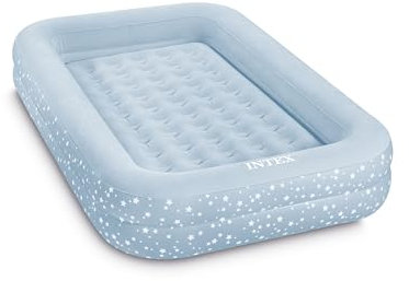 Intex: Kidz Travel Bed Set - Blue & White Stars - Inflatable Air Mattress, Raised Sides, 42 x 66 x 10, Hand Pump & Carry Bag, 50lb Limit, Kid Age 3+