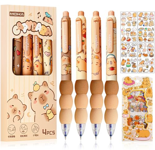 Capybara Stifte,Capybara Gelstift Set,Radierbarer Kugelschreiber Stifte Set | Capybara Sachen mit 4 Tierstifte Einziehbare Kawaii Stifte und 4 Capybara Sticker, Blau Gelstifte Radierbar Tintenstift 0.5mm