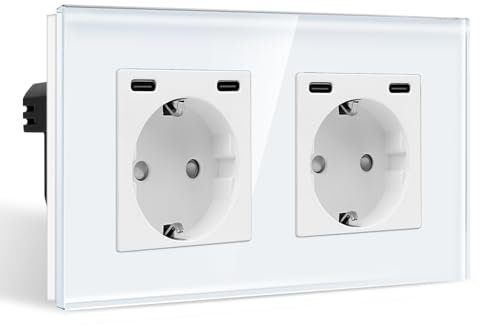 CNBINGO Doppelsteckdose mit 4× TypC (USB-Anschluss 20W Schnellladen) - Zweifach Glas Schuko Steckdose Unterputz - Weiß Wandsteckdose mit Kindersicherung