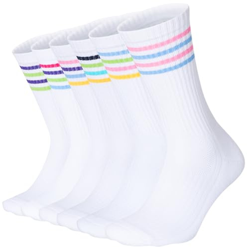 Moitiy 6 Paar Socken Damen Tennissocken Sportsocken Baumwolle Atmungaktive Streifen Damensocken Lange Gepolstert Laufsocken Wandersocken 35-38