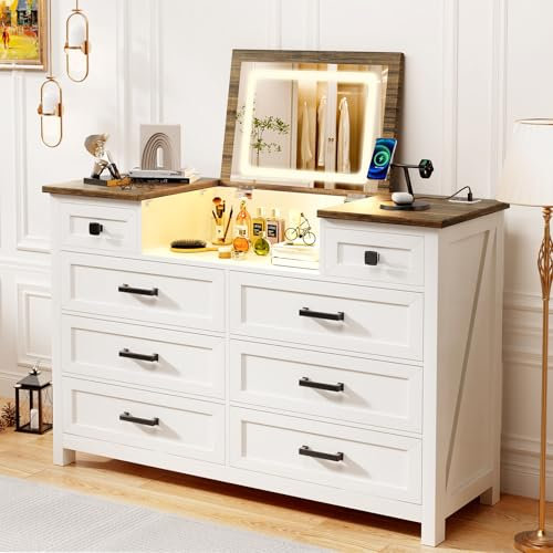 BROTTAR Chest of Drawers Bedroom with Mirror and LED Lights, Dressing Table with Charging Station, Dresser Drawers with Intelligent Sensing System for Bedroom Living Room Kids Room, White