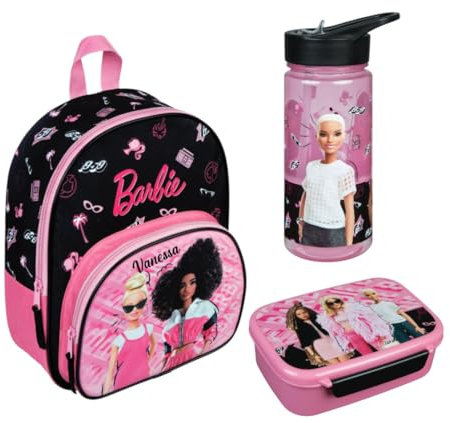 Zaino per asilo Barbie Bambina – Personalizzato con nome – Set zaino per bambini, Set 2 - Zaino, borraccia, contenitore per il