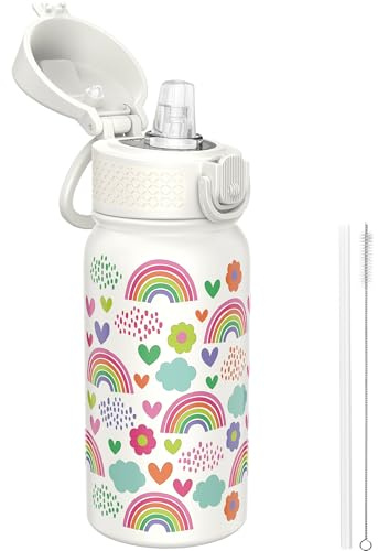 GOPPUS 350ml/12oz Kids Stainless Steel Water Bottle with Straw Toddler Drinks Bottle with Handle Small Insulated Bottles for Girls School Cold Metal Flask with Flip Top Lid BPA Free (White Rainbow)