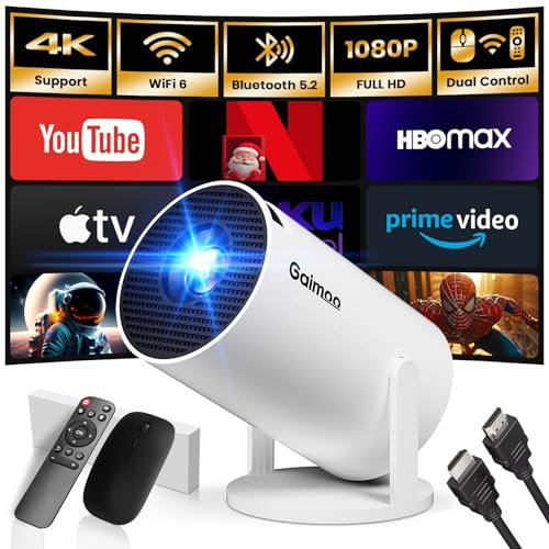 Mini Projector 1080P FHD 4K Support Smart Projector with Mouse Portable projector with WiFi and Bluetooth 180° Adjustable Auto Keystone Compatible with TV Stick/Memory Stick/USB/Laptop White