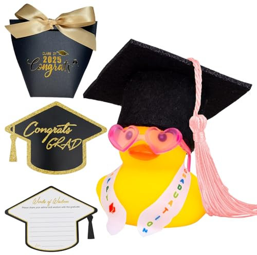 DGMI Bachelor Geschenk Lustige Akademiker Badeente mit Diplom Bestandene Prüfung Geschenk mit Graduierung Hut Schärpe Brille Schärpe Geschenk bei Prüfungen Abschlussfeier