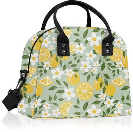 Clastyle Sommer Groß Isolierte Lunchtasche Frauen Wasserdichte Klein Kühltasche Erwachsene mit Riemen Auslaufsicher Brotzeittasche für Picknick Arbeit Büro,Zitronenblüte