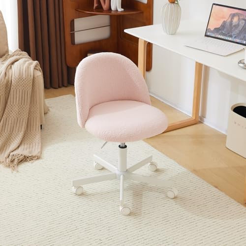 Bonnlo Chaise de Bureau Mignonne sans Accoudoirs, Petite Chaise Confortable, Fauteuil de Coiffeuse avec Support Lombaire, Chaise Pivotante Réglable pour Bureau, Chambre, en Teddy (Blanc)