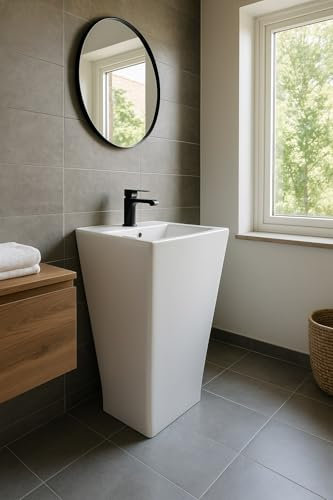 WITIT Lavabo lavandino lavello a colonna da appoggio a terra in ceramica bianco quadrato (Quadrato - B401)