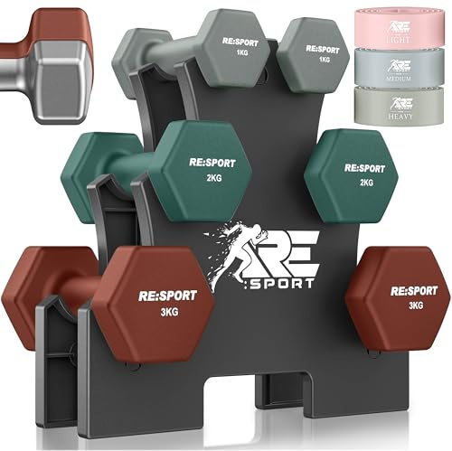 RE:SPORT® Hantelset 3 Paar, 1kg - 5kg, 12kg oder 18kg mit 3x Fitnessbänder | Rutschfeste Neopren Kurzhanteln für Damen & Herren inkl. Ständer | Hanteln Hantel-Set Workout Fitness Krafttraining