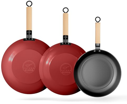 YUTANN Set 3 Sartenes Hierro Fundido 20/24/28 cm Pre-sazonadas, Rojo | Antiadherentes con distribución uniforme del calor, ideales para freír, asar y cocinar; aptas para inducción y horno