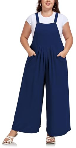 Moon Wood Salopette Donna Taglie Forti Estiva Tuta Oversize Baggy Overall a Gamba Larga con Bretelle Regolabili e Tasche Blu Navy XXL