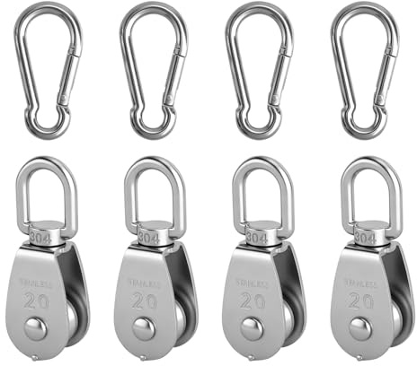 Set Carrucola a Fune 8 Pezzi, 4x Puleggia in Acciaio Inox M20 con Cuscinetto 4x Moschettoni M6 Girevoli - 75KG Portata 360° Rotazione - Kit Carrucola per Tenda da Sole Fitness Barca Fai da Te