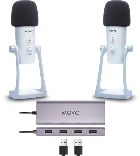 Movo Ensemble d'équipement de podcast USB pour 2 - Interface USB avec 2 microphones à condensateur UM700 - Hub alimenté à 4 ports pour streaming, podcasting, entretiens (blanc)