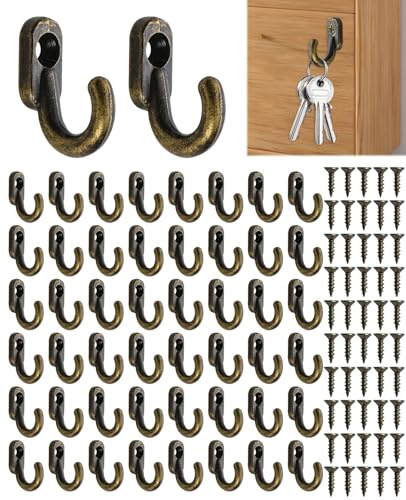ALONK 50 Stück Kleine Haken zum Schrauben, Mini Vintage Schlüssel haken, Bronze Einzelhaken, Deko-Haken Wandhaken zum Schrauben für Schmuck Taschen Handtücher Bad Küche