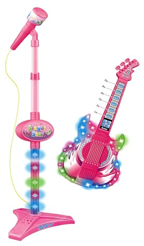 Guitare - Microphone pour enfants - Kit de jeu électrique pour enfants - Concept de jeu de rôle musical - Guitare interactive - Avec support réglable