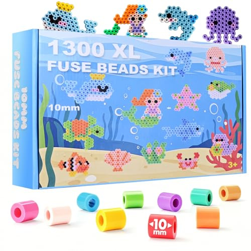 lompyeu Bügelperlen Groß 10mm, 1300 Stück XL Bügelperlen Set mit 34 DIY Bastelzubehör, Meeres-Thema Bildungsspielzeug für Kinder ab 3 Jahren, Geschenk für Weihnachten/Ostern/Geburtstag