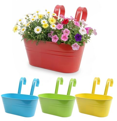 YedZen 4 Pièces Pots de Fleurs en Métal, 27,5cm Pots de Fleurs à Suspendre avec Double Crochet Amovible et 2 Trou Drainage, Pot de Fleur Balcon, Jardiniere Balcon Plante Extérieur, Couleur