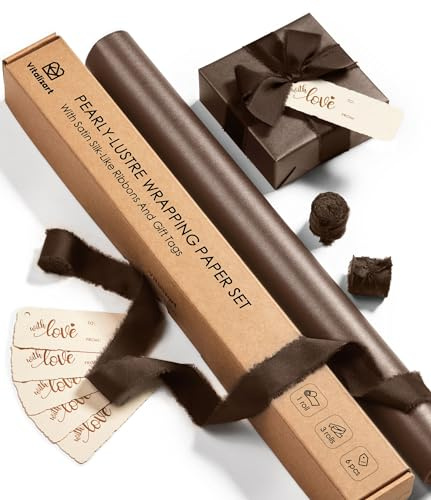 Vitalizart 43 cm x 5 m Braunes Geschenkpapier mit Braunes Geschenkband | Geschenkpapier Set mit Geschenkanhänger Recycelbar, Perlglanz Papierrolle für Weihnachten Geburtstag Hochzeit Geschenk