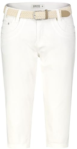 Sublevel Damen Caprihose Baumwolle Stretch Twill Hose mit Flechtgürtel und Taschen in 5 Farben White L