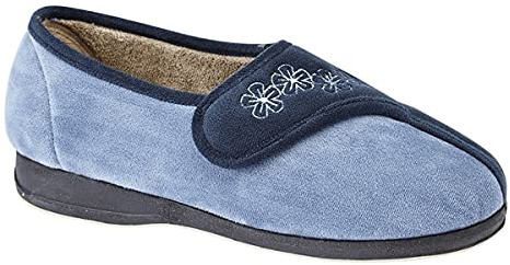 Sleepers Womens Gemma Memory Foam Embroidered Touch Fastening Slippers Navy/Blue