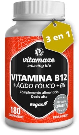 Vitamine B12 1000 mcg avec Acide Folique 375 mcg + Vitamine B6 - Méthylcobalamine 180 Comprimés Vegan - Utilisation Sublinguale Possible, Qualité Allemande, sans Additifs Inutiles