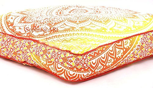 Sophia Art Indisches Ombre-Mandala-Bodenkissen, quadratisch, Ottoman, Tagesbett, Übergröße, Kissenbezug, Baumwolle, Sitzkissen, Sitzkissen, Hunde-/Haustierbett, Rot / Gelb
