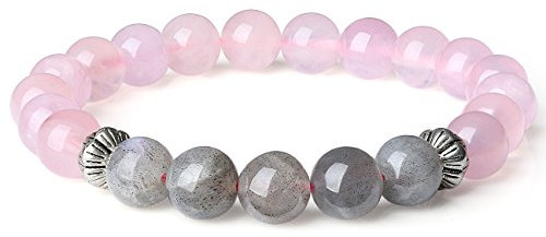 COAI Bracelet Pierres Véritables Quartz Rose Labradorite Élastique Femme 16-18cm