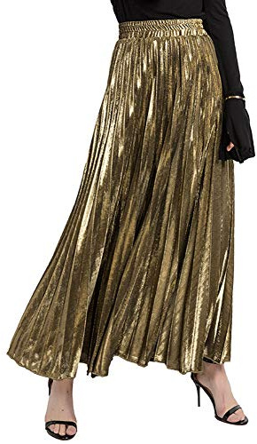 Xinqiao Damen Metallic Glänzend Elastisch Hohe Taille Plissee Lange Maxi Party Rock