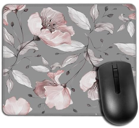 Tapis De Souris Yeuss Flower Rose Tapis De Souris Rectangulaire Antidérapant, Motif De Fleurs De Printemps Et De Feuilles Motif Floral De Tapis De Souris De Jeu Flower Rose en Tissu, Gris Rose