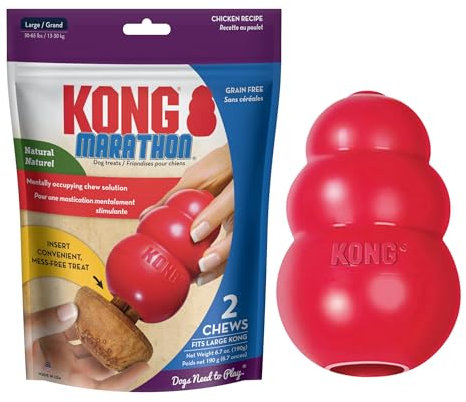 KONG Klassisches gefülltes Hundespielzeug & KONG Marathon Leckerlis mit Huhngeschmack (2 Stück) – Apportier- & Kauspielzeug für Hunde – mit Hundespielzeug-Füllung – für stundenlangen Spaß &