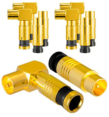 Lot de 5 fiches d'antenne (droites) et 5 prises (coudées) pour radio DVB-C DVB-T2 TV IEC (mâle + femelle) Fiche de compression Vegoldet pour câble d'antenne BK installations à 90°