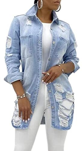 Jofemuho Women's Jean Jacket Long Sleeve Classic Distressed Tassels Denim Trucker, Sky Blue, L