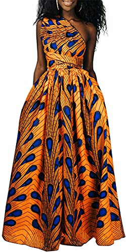 OLIPHEE Robe Femme Imprimer lâche Grande Taille Afrique sans Manches Une épaule De Multiples Façons De Porter(M, Plume Bleue sur Fond Jaune)