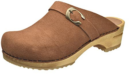Sanita Hedi offener Clog, Wildleder | Original handgemacht | Leder-Holzclogs für Damen | Braun | 39 EU