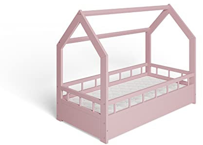ms factory Hausbett Kinderbett 70x140 cm mit Rausfallschutz und Lattenrost - Einzelbett aus Kiefernholz für Mädchen und Junge - Rosa