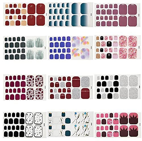 12 Feuilles Pied Ongle Autocollant, Nail Art Stickers Ongles Manucure, Autocollant Auto-Adhésifs pour Ongles de Pieds