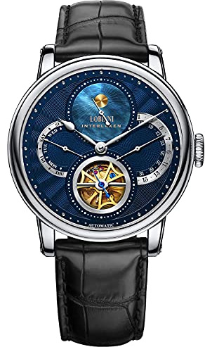 LOBINNI Herren-Armbanduhr, Edelstahl, mechanisch, automatisch, Luxus-Kalender, luxuriös, analog, Kleid