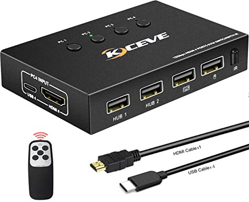 KVM Switch 4 Port Box 4K@60Hz,MLEEDA USB und HDMI Switch für 4 Computer zur gemeinsamen Nutzung von einem UHD-Monitor und 4 USB Geräten, Tastatur Maus Drucker,Mit Fernbedienung und 5 Kabeln