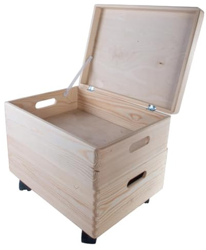 Set of 2 Medium Wooden Stackable Storage Boxes | 40 X 30 X 32 cm | Top Box with Hinged Lid | Bottom Crate on Wheels | Unpainted Plain Decorative Pine