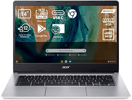 Acer Chromebook 314 CB314-2H - Ordenador Portátil 14 Full HD, Laptop (MTK MT8183, 4GB RAM, 64GB eMMc, ARM Mali-G72 MP3, Chrome OS), PC Portátil Color Plata - Teclado Qwerty Español